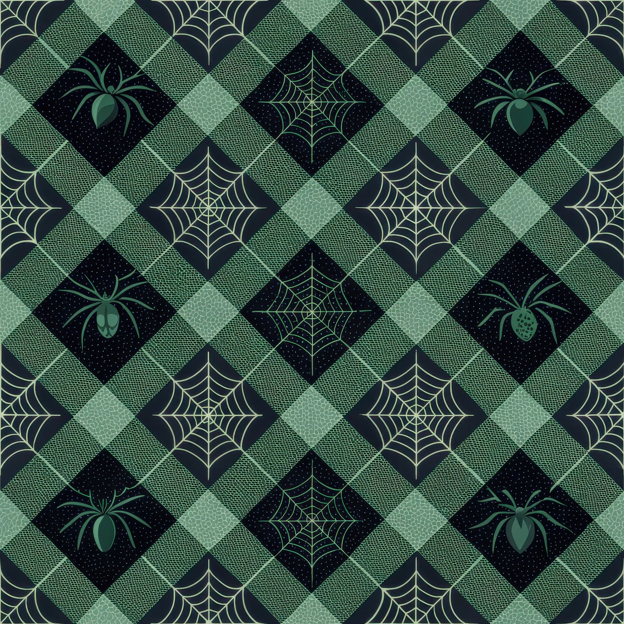 halloween fabric,, fabric panel, gingham pattern, diamond grid, spider motifs, spiderweb designs, green tones, sage green, forest green, black accents, geometric layout, autumn crafting, seasonal sewing, halloween quilting, spooky elements, checkered background, repeating pattern, cotton fabric, halloween decor