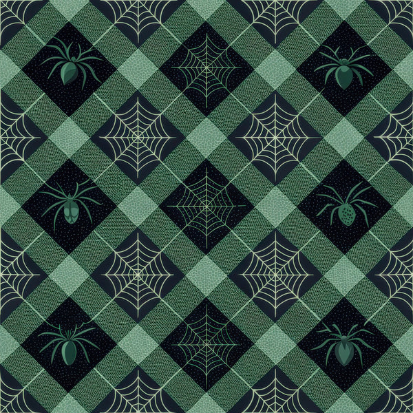 halloween fabric,, fabric panel, gingham pattern, diamond grid, spider motifs, spiderweb designs, green tones, sage green, forest green, black accents, geometric layout, autumn crafting, seasonal sewing, halloween quilting, spooky elements, checkered background, repeating pattern, cotton fabric, halloween decor