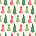 christmas trees, holiday, festive, coral pink, forest green, sage green, red, cream, watercolor, whimsical, christmas ornaments, gold stars, tiered trees, winter, seasonal, kids, children, playroom, nursery, decorated trees, soft, gentle, traditional, festive decor, nature-inspired, painted effect, scattered dots