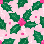 hot pink, pale pink, forest green, floral pattern, nature theme, whimsical style, holly leaves, berries, botanical, holiday, christmas, winter, spring, modern floral, stylized flowers, decorative leaves, festive, cheerful, playroom, nursery, kids room, baby shower, feminine, bright and bold, berry motif, leaf details, seasonal, decorative botanical, contemporary floral