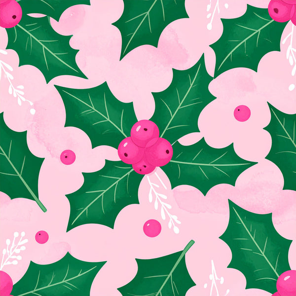 hot pink, pale pink, forest green, floral pattern, nature theme, whimsical style, holly leaves, berries, botanical, holiday, christmas, winter, spring, modern floral, stylized flowers, decorative leaves, festive, cheerful, playroom, nursery, kids room, baby shower, feminine, bright and bold, berry motif, leaf details, seasonal, decorative botanical, contemporary floral