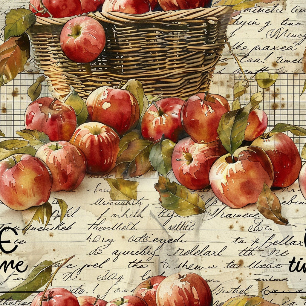 red apples, wicker basket, harvest theme, vintage style, watercolor art, autumn colors, botanical illustration, farm fresh,, fabric panel, rustic charm, country living, orchard scene, handwritten text, natural elements, warm tones, seasonal motifs, cottage core, rural lifestyle