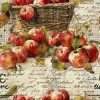 red apples, wicker basket, harvest theme, vintage style, watercolor art, autumn colors, botanical illustration, farm fresh,, fabric panel, rustic charm, country living, orchard scene, handwritten text, natural elements, warm tones, seasonal motifs, cottage core, rural lifestyle
