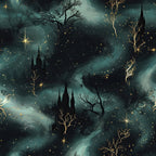teal, dark teal, black, gold, celestial, stars, castle, gothic, fantasy, magical, whimsical, enchanted, nighttime, moon, mystical, dark academia, elegant, moody, ethereal, bare trees, constellation, spooky, dreamy, fairy tale, winter, nursery, plush blanket, minky throw, bedding, cozy