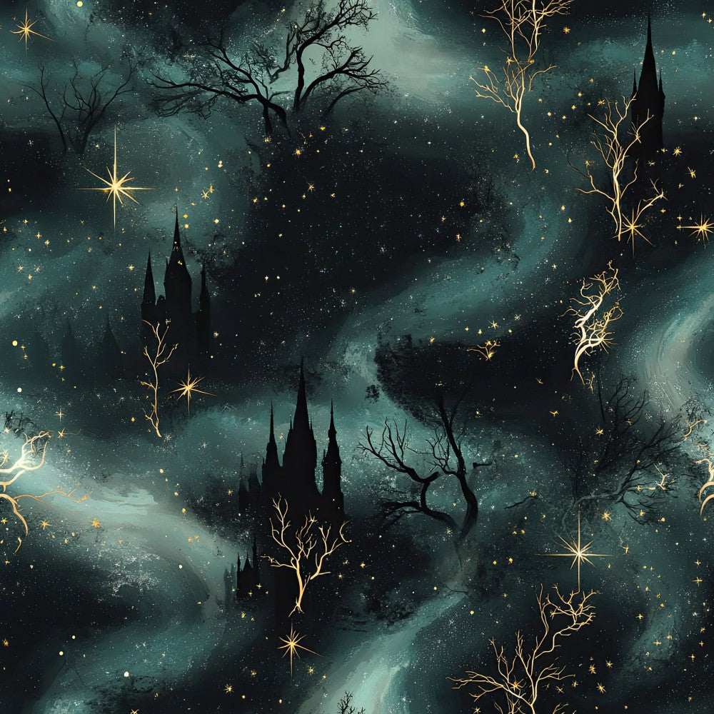teal, dark teal, black, gold, celestial, stars, castle, gothic, fantasy, magical, whimsical, enchanted, nighttime, moon, mystical, dark academia, elegant, moody, ethereal, bare trees, constellation, spooky, dreamy, fairy tale, winter, nursery, plush blanket, minky throw, bedding, cozy