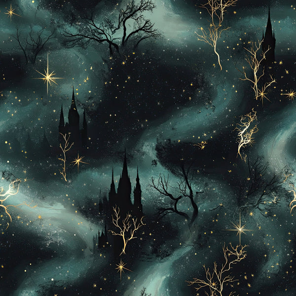 teal, dark teal, black, gold, celestial, stars, castle, gothic, fantasy, magical, whimsical, enchanted, nighttime, moon, mystical, dark academia, elegant, moody, ethereal, bare trees, constellation, spooky, dreamy, fairy tale, winter, nursery, plush blanket, minky throw, bedding, cozy