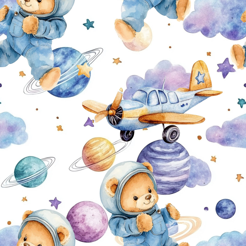 blue, purple, orange, teddy bears, astronaut bears, space theme, planets, stars, airplane, clouds, saturn rings, watercolor style, whimsical, baby boy, nursery theme,, fabric panel, cute animals, celestial pattern, soft pastels