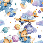 blue, purple, orange, teddy bears, astronaut bears, space theme, planets, stars, airplane, clouds, saturn rings, watercolor style, whimsical, baby boy, nursery theme,, fabric panel, cute animals, celestial pattern, soft pastels