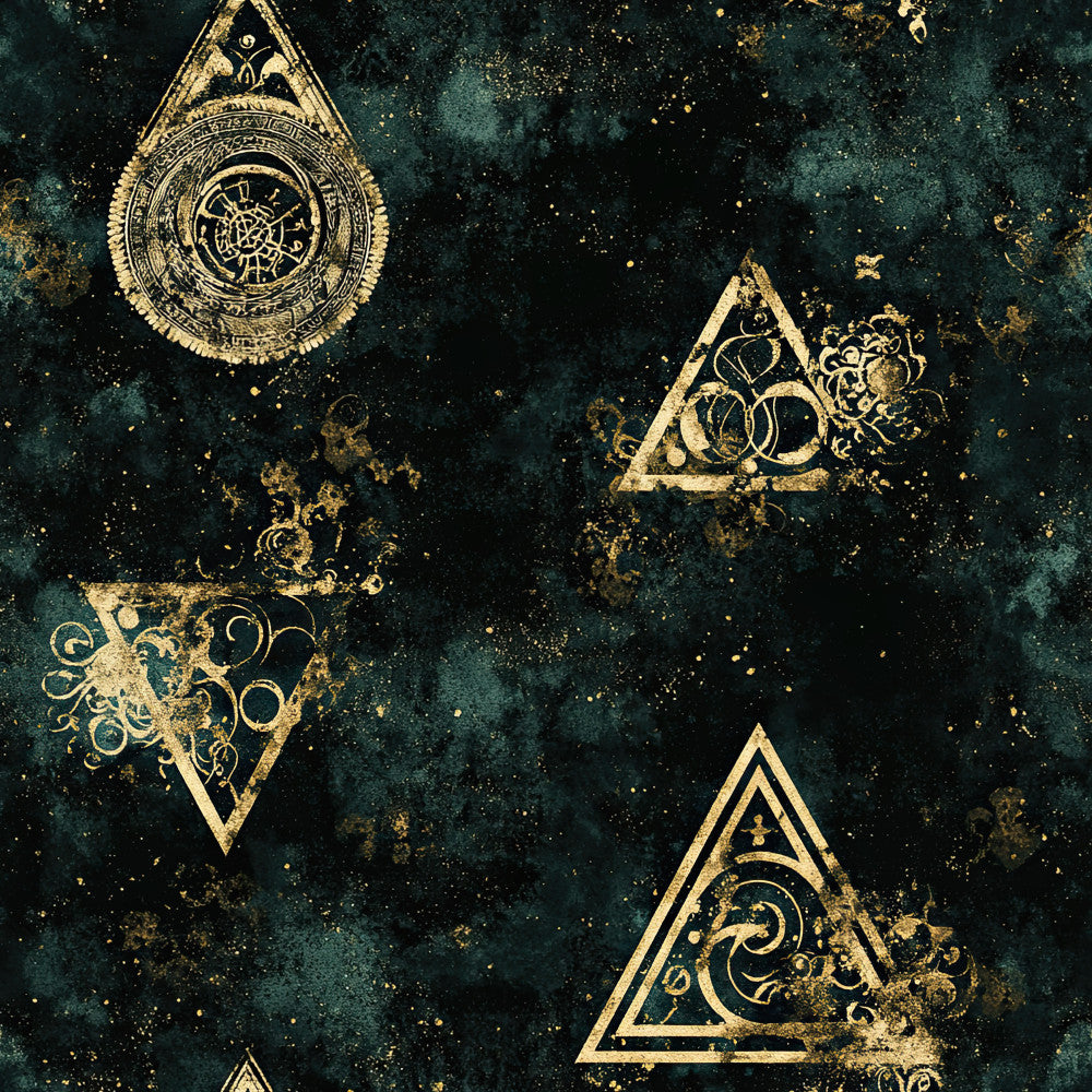 forest green, teal, gold, deep teal, metallic gold, celestial, mystical, occult, alchemy, steampunk, gears, clock, magical, mysterious, vintage, elegant, gothic, dark academia, geometric, triangles, ornamental, intricate details, whimsical, fantasy, enchanted, baroque, sophisticated, luxury, distressed texture, grunge