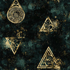 forest green, teal, gold, deep teal, metallic gold, celestial, mystical, occult, alchemy, steampunk, gears, clock, magical, mysterious, vintage, elegant, gothic, dark academia, geometric, triangles, ornamental, intricate details, whimsical, fantasy, enchanted, baroque, sophisticated, luxury, distressed texture, grunge