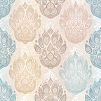 dog paws, paw prints, paisley pattern, intricate details, soft pastels, beige, dusty blue, cream, taupe, ornate design, decorative elements,, fabric panel, boho style, mandala motifs, pet themed, animal prints, flowing patterns, vintage style, cotton fabric