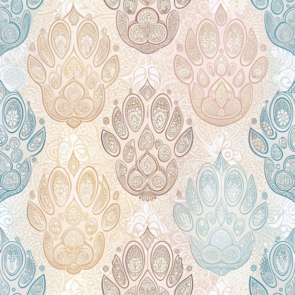 dog paws, paw prints, paisley pattern, intricate details, soft pastels, beige, dusty blue, cream, taupe, ornate design, decorative elements,, fabric panel, boho style, mandala motifs, pet themed, animal prints, flowing patterns, vintage style, cotton fabric