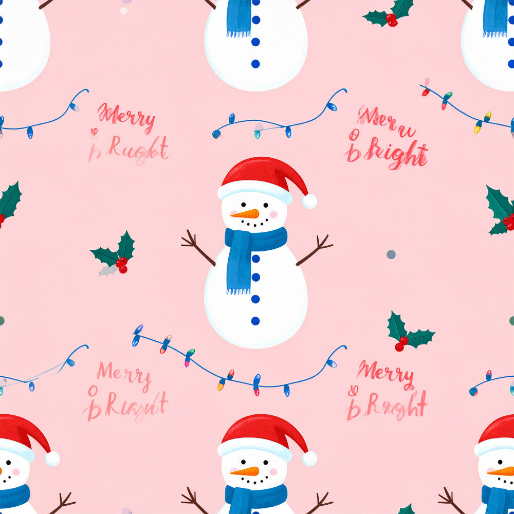 christmas, holiday, snowman, santa hat, festive, winter, snow, pink, cream white, navy blue, red, forest green, holly, string lights, garland, whimsical, cheerful, playful, kids, children, nursery, playroom, baby, merry and bright, cute, seasonal, december, cold weather, winter wonderland, scarf