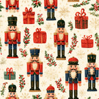 nutcracker, christmas, holiday, red, forest green, navy blue, cream, gold, traditional, vintage, festive, whimsical, toy soldiers, presents, gift boxes, holly, berries, snowflakes, stars, seasonal, children's, kids room, playroom, nursery, classic, decorative, winter, festive holiday, red and green, charming