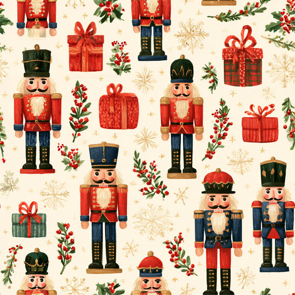 nutcracker, christmas, holiday, red, forest green, navy blue, cream, gold, traditional, vintage, festive, whimsical, toy soldiers, presents, gift boxes, holly, berries, snowflakes, stars, seasonal, children's, kids room, playroom, nursery, classic, decorative, winter, festive holiday, red and green, charming