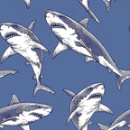 sharks, circling pattern, blue background, white sharks, navy blue, periwinkle blue, marine life, ocean creatures, predator fish, swimming sharks, repeating pattern,, fabric panel, sea life, aquatic theme, dotted shading, illustrated sharks, open mouths, sharp teeth, underwater scene