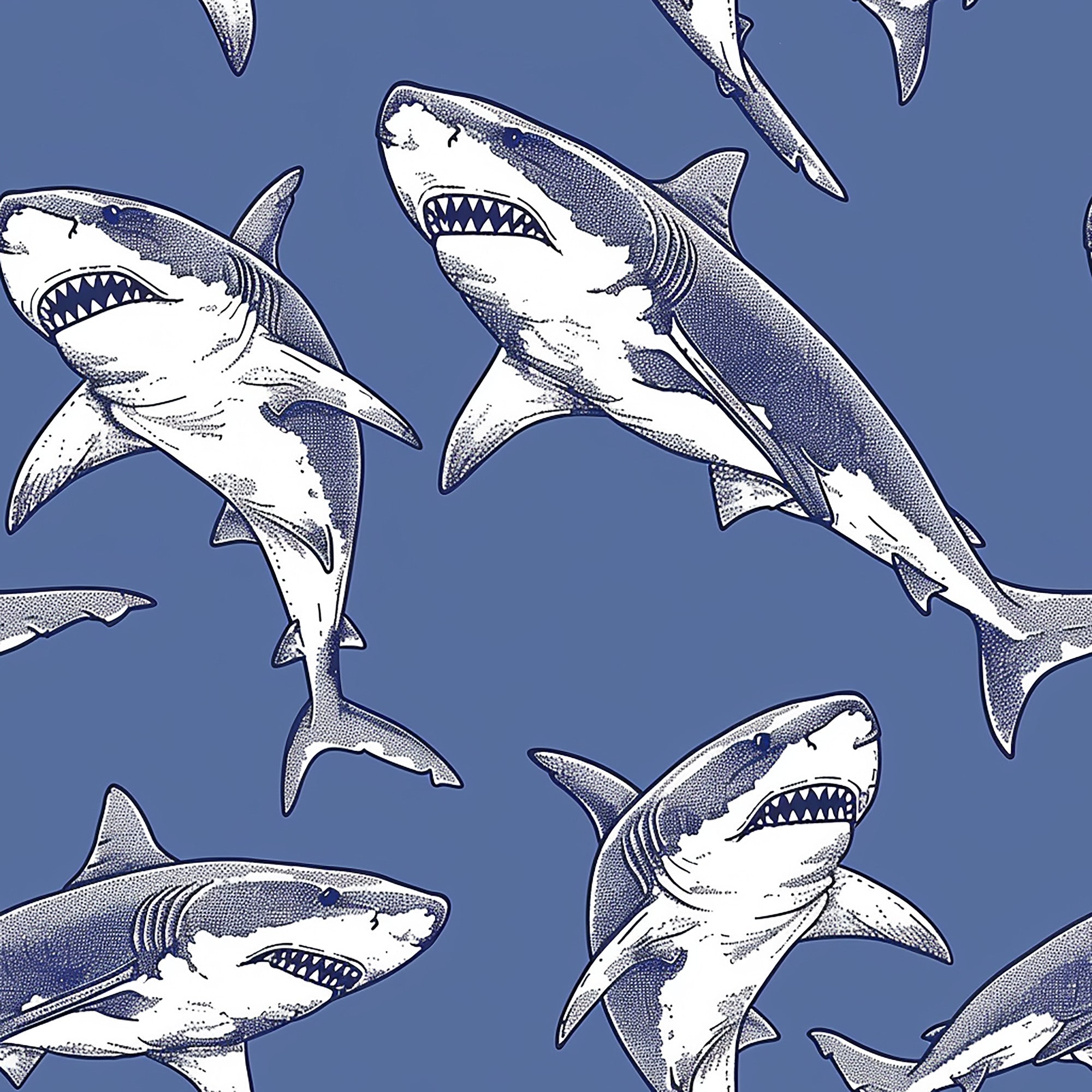 sharks, circling pattern, blue background, white sharks, navy blue, periwinkle blue, marine life, ocean creatures, predator fish, swimming sharks, repeating pattern,, fabric panel, sea life, aquatic theme, dotted shading, illustrated sharks, open mouths, sharp teeth, underwater scene