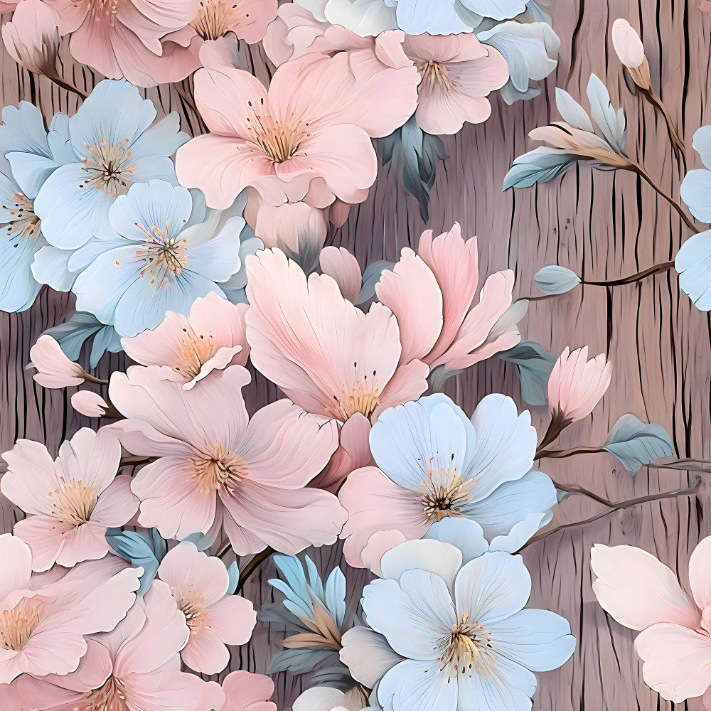 soft pink, light blue, dusty rose, pale blue, cream, blush pink, floral, botanical, nature, spring, summer, elegant, romantic, whimsical, vintage, delicate, flowers, blossoms, garden, wood grain, wooden background, rustic, feminine, soft pastels, gentle, dreamy, nursery, baby, children's, decorative