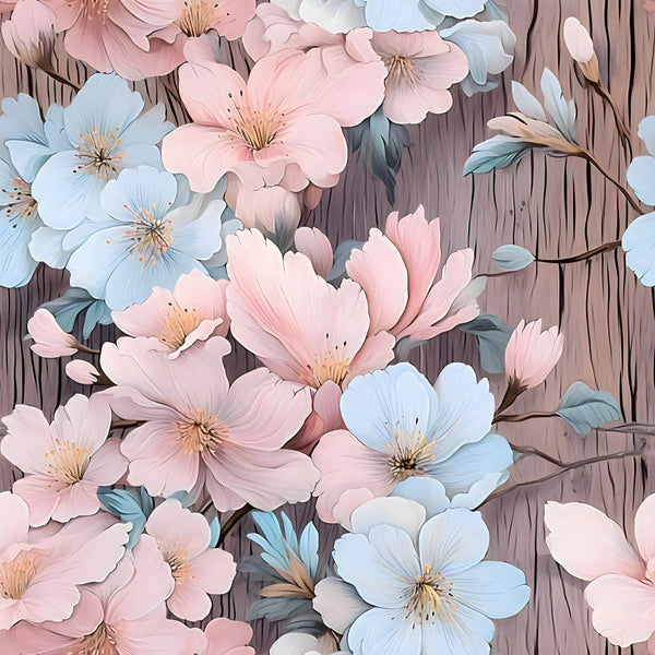 soft pink, light blue, dusty rose, pale blue, cream, blush pink, floral, botanical, nature, spring, summer, elegant, romantic, whimsical, vintage, delicate, flowers, blossoms, garden, wood grain, wooden background, rustic, feminine, soft pastels, gentle, dreamy, nursery, baby, children's, decorative