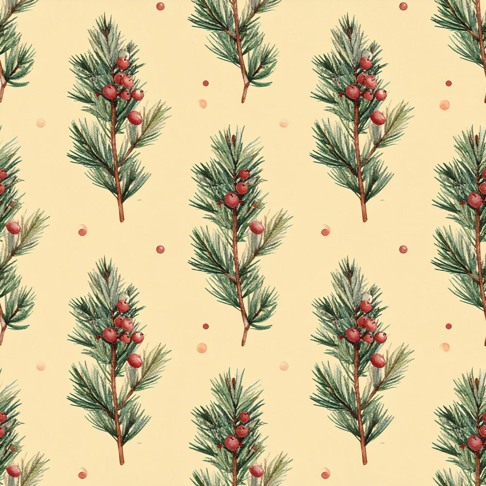 cream background, sage green, forest green, dusty rose, coral pink, burgundy red, botanical, nature, berries, evergreen branches, pine branches, winter, christmas, holiday, rustic, traditional, whimsical, vintage, elegant, natural, botanical illustration, festive, seasonal, cozy, woodland, conifer, berry motif, scattered dots, minimalist design, warm tones