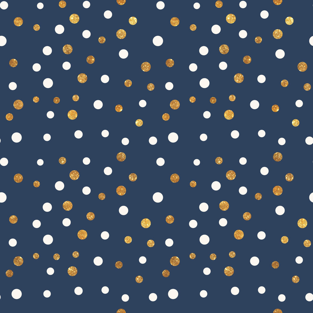 navy blue, gold, white, polka dots, circular pattern, scattered dots, geometric design, celebration theme, festive pattern, glitter effect, metallic accents,, fabric panel, party theme, confetti style, random placement, two-tone dots, celebratory mood, craft fabric, sewing material