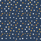 navy blue, gold, white, polka dots, circular pattern, scattered dots, geometric design, celebration theme, festive pattern, glitter effect, metallic accents,, fabric panel, party theme, confetti style, random placement, two-tone dots, celebratory mood, craft fabric, sewing material