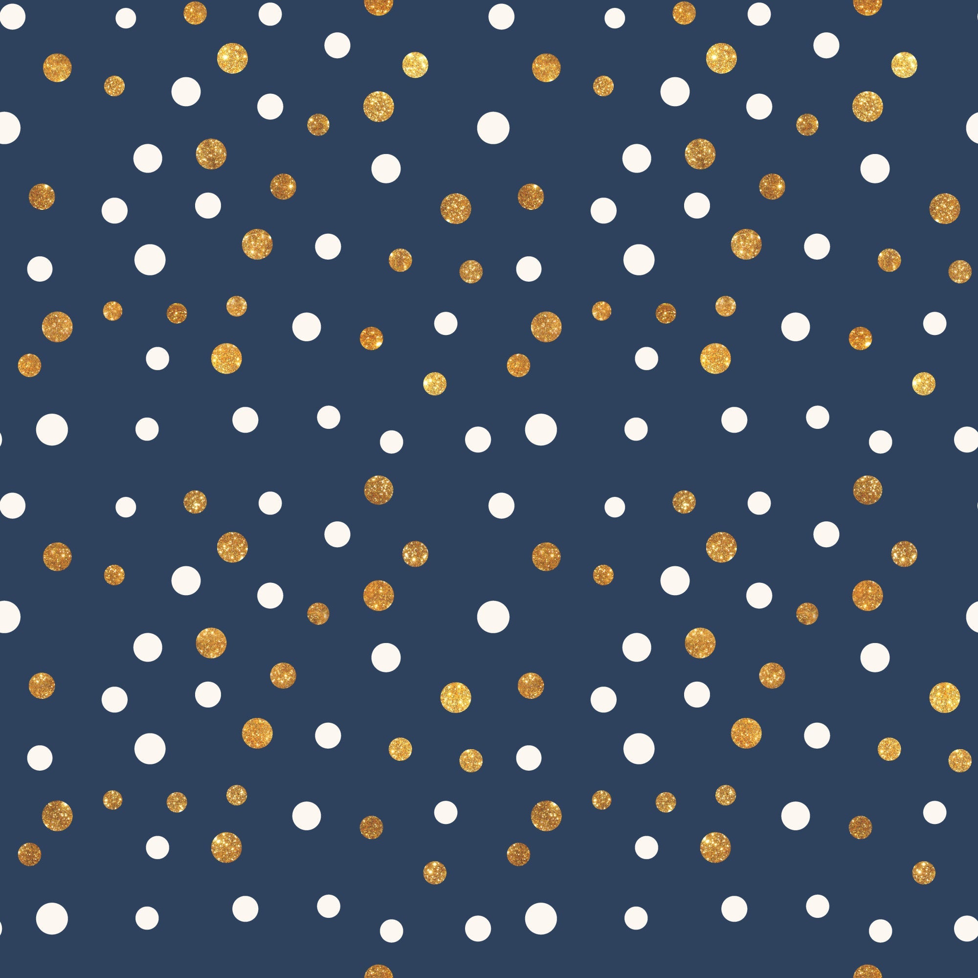 navy blue, gold, white, polka dots, circular pattern, scattered dots, geometric design, celebration theme, festive pattern, glitter effect, metallic accents,, fabric panel, party theme, confetti style, random placement, two-tone dots, celebratory mood, craft fabric, sewing material