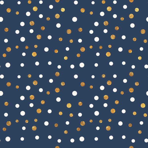 navy blue, gold, white, polka dots, circular pattern, scattered dots, geometric design, celebration theme, festive pattern, glitter effect, metallic accents,, fabric panel, party theme, confetti style, random placement, two-tone dots, celebratory mood, craft fabric, sewing material