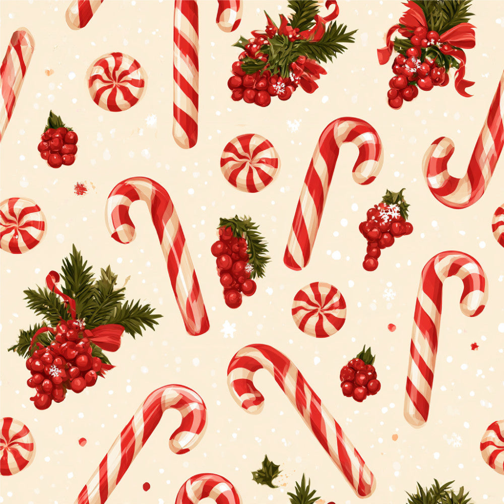 candy cane, peppermint, red and cream, festive, holiday, christmas, winter, rowan berries, holly, evergreen, striped, whimsical, traditional, vintage, candy, sweet treats, seasonal, retro, nostalgic, children, kids, playroom, nursery, festive decor, peppermint candy, berry clusters, red berries, cream background, snow, snowflakes