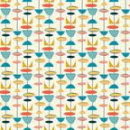 teal blue, coral orange, mustard yellow, sage green, pink, atomic age, mid-century modern, geometric shapes, abstract patterns, 1950s style, retro design, modernist motifs,, fabric panel, boomerang shapes, starburst elements, oval forms, triangular designs, repeating pattern, vintage inspired