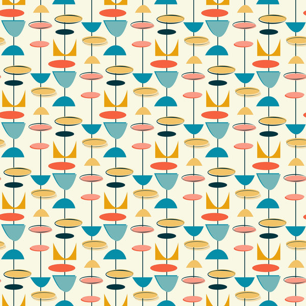 teal blue, coral orange, mustard yellow, sage green, pink, atomic age, mid-century modern, geometric shapes, abstract patterns, 1950s style, retro design, modernist motifs, quilting cotton, fabric panel, boomerang shapes, starburst elements, oval forms, triangular designs, repeating pattern, vintage inspired