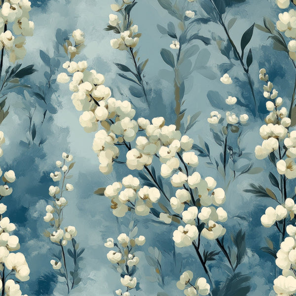 cornflower blue, soft blue, cream white, floral pattern, botanical design, delicate flowers, branching stems, leafy foliage, watercolor style, painterly effect, dreamy mood, ethereal atmosphere,, fabric panel, spring blooms, nature motif, vintage inspired, romantic florals, artistic brushstrokes, garden theme