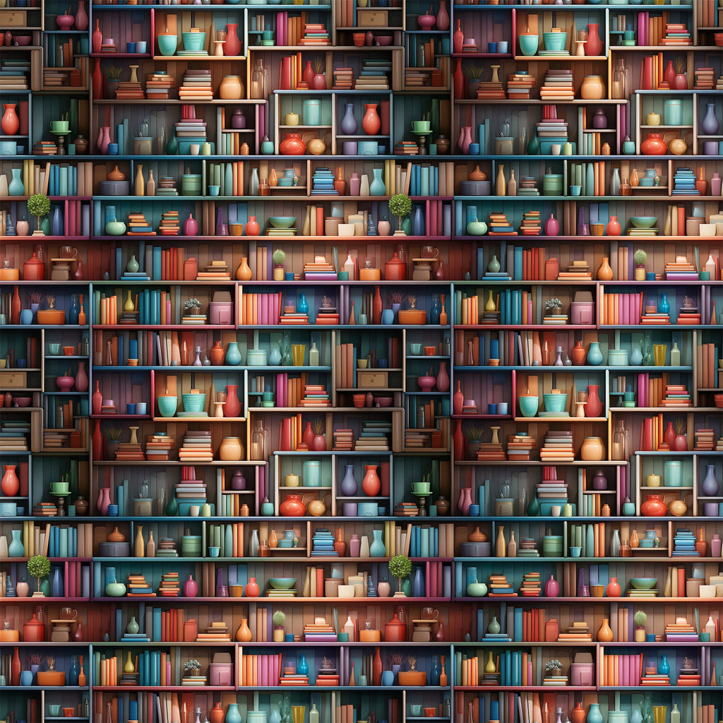 bookshelf pattern,, fabric panel, books, pottery, vases, colorful spines, library scene, shelving units, decorative objects, coral red, teal blue, sage green, mustard yellow, purple accents, brown shelves, reading theme, literary motif, cozy atmosphere, repetitive design