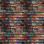 bookshelf pattern,, fabric panel, books, pottery, vases, colorful spines, library scene, shelving units, decorative objects, coral red, teal blue, sage green, mustard yellow, purple accents, brown shelves, reading theme, literary motif, cozy atmosphere, repetitive design