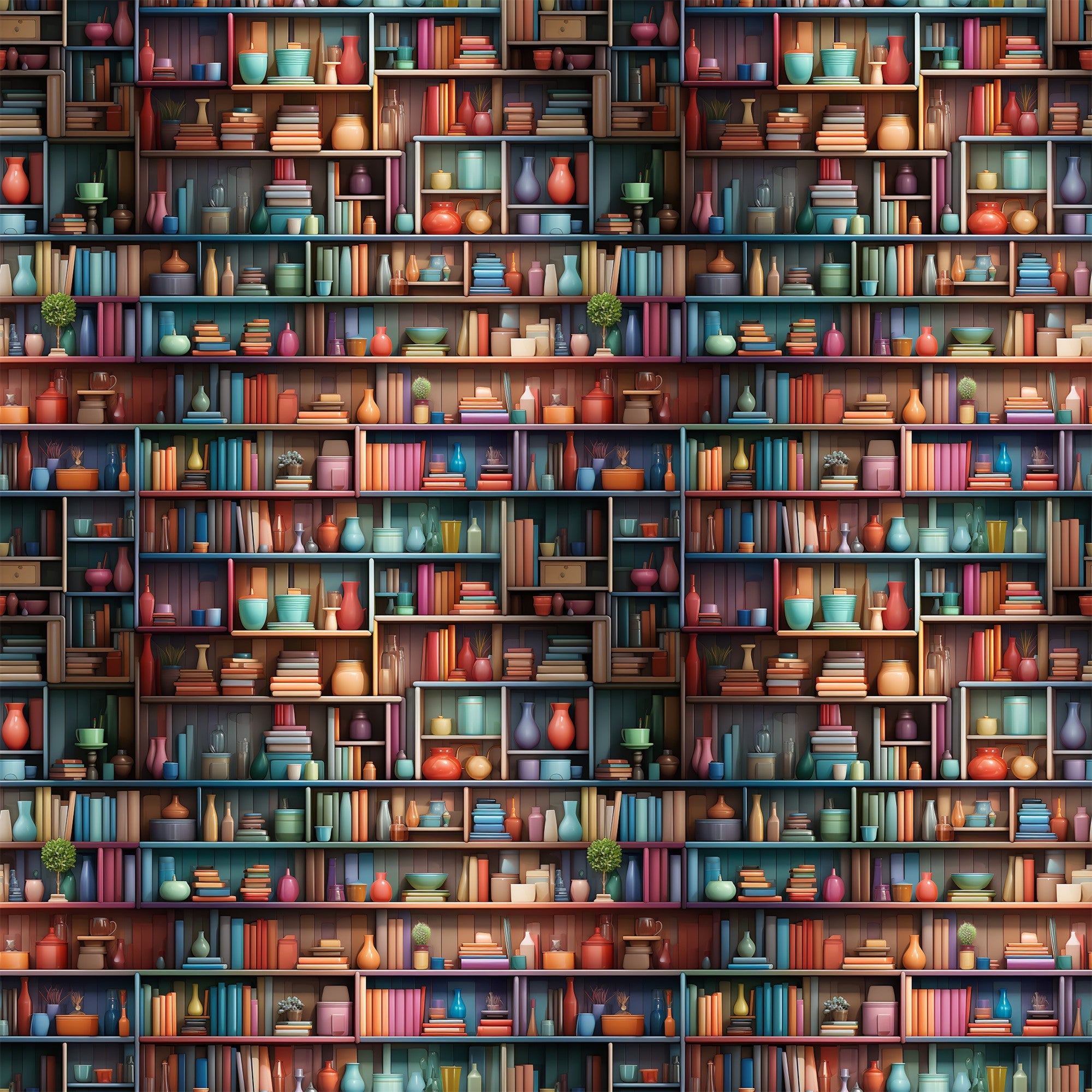 bookshelf pattern,, fabric panel, books, pottery, vases, colorful spines, library scene, shelving units, decorative objects, coral red, teal blue, sage green, mustard yellow, purple accents, brown shelves, reading theme, literary motif, cozy atmosphere, repetitive design