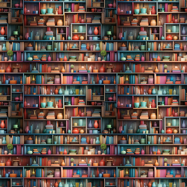 bookshelf pattern,, fabric panel, books, pottery, vases, colorful spines, library scene, shelving units, decorative objects, coral red, teal blue, sage green, mustard yellow, purple accents, brown shelves, reading theme, literary motif, cozy atmosphere, repetitive design