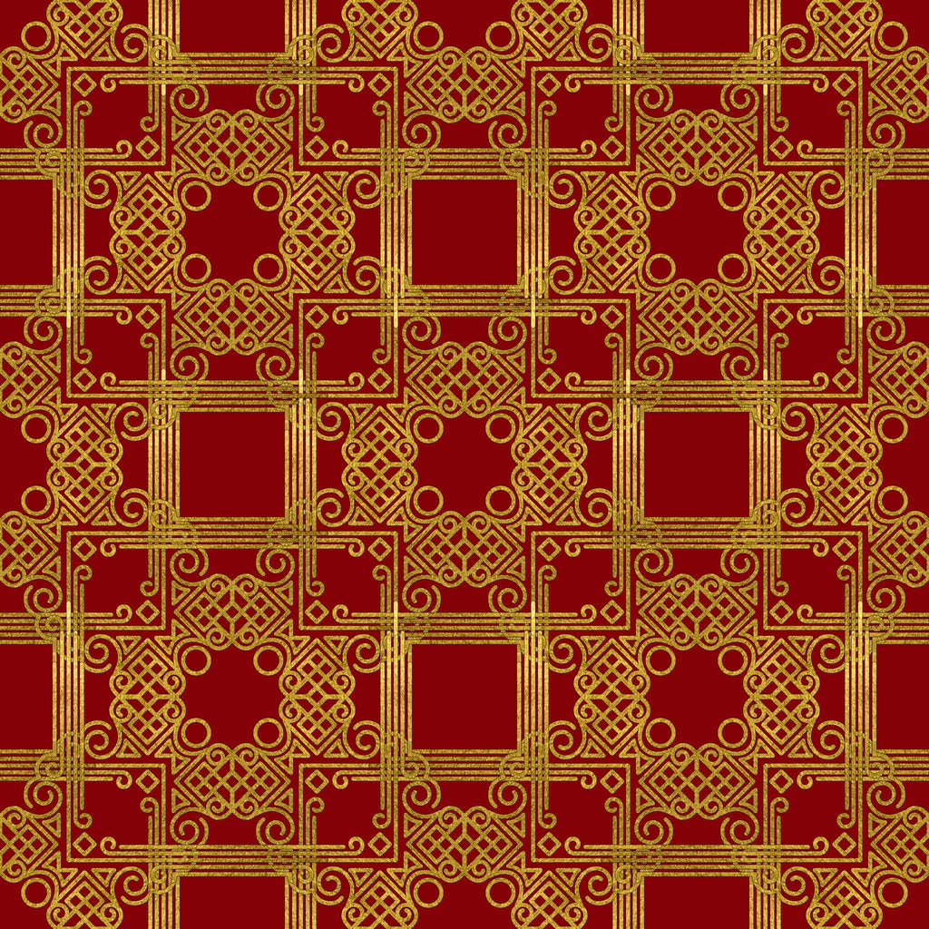 red, gold, burgundy, crimson, ornate pattern, geometric design, scrollwork, intricate motifs, decorative squares, celtic knots, swirls, flourishes,, fabric panel, christmas fabric, holiday pattern, luxurious design, elegant motifs, repeating pattern, festive colors