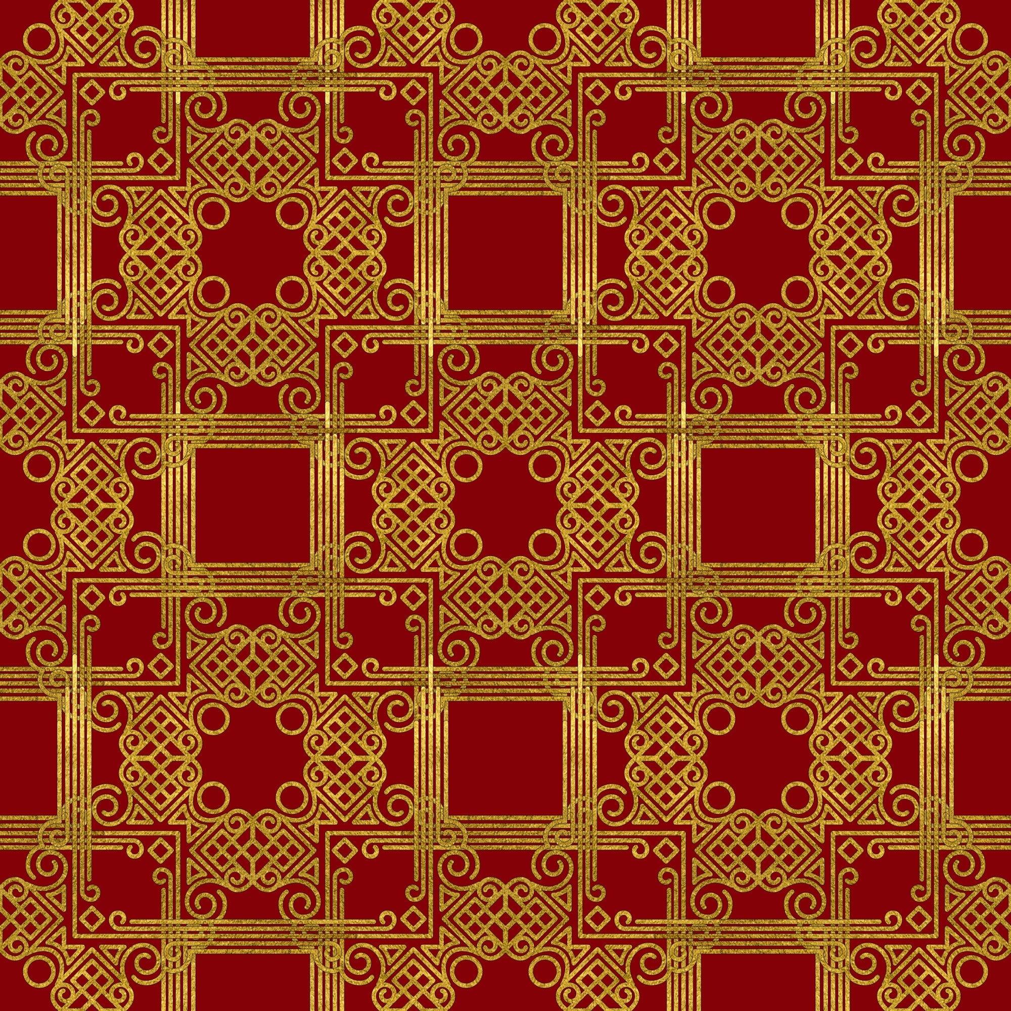 red, gold, burgundy, crimson, ornate pattern, geometric design, scrollwork, intricate motifs, decorative squares, celtic knots, swirls, flourishes,, fabric panel, christmas fabric, holiday pattern, luxurious design, elegant motifs, repeating pattern, festive colors