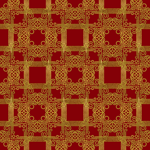red, gold, burgundy, crimson, ornate pattern, geometric design, scrollwork, intricate motifs, decorative squares, celtic knots, swirls, flourishes,, fabric panel, christmas fabric, holiday pattern, luxurious design, elegant motifs, repeating pattern, festive colors