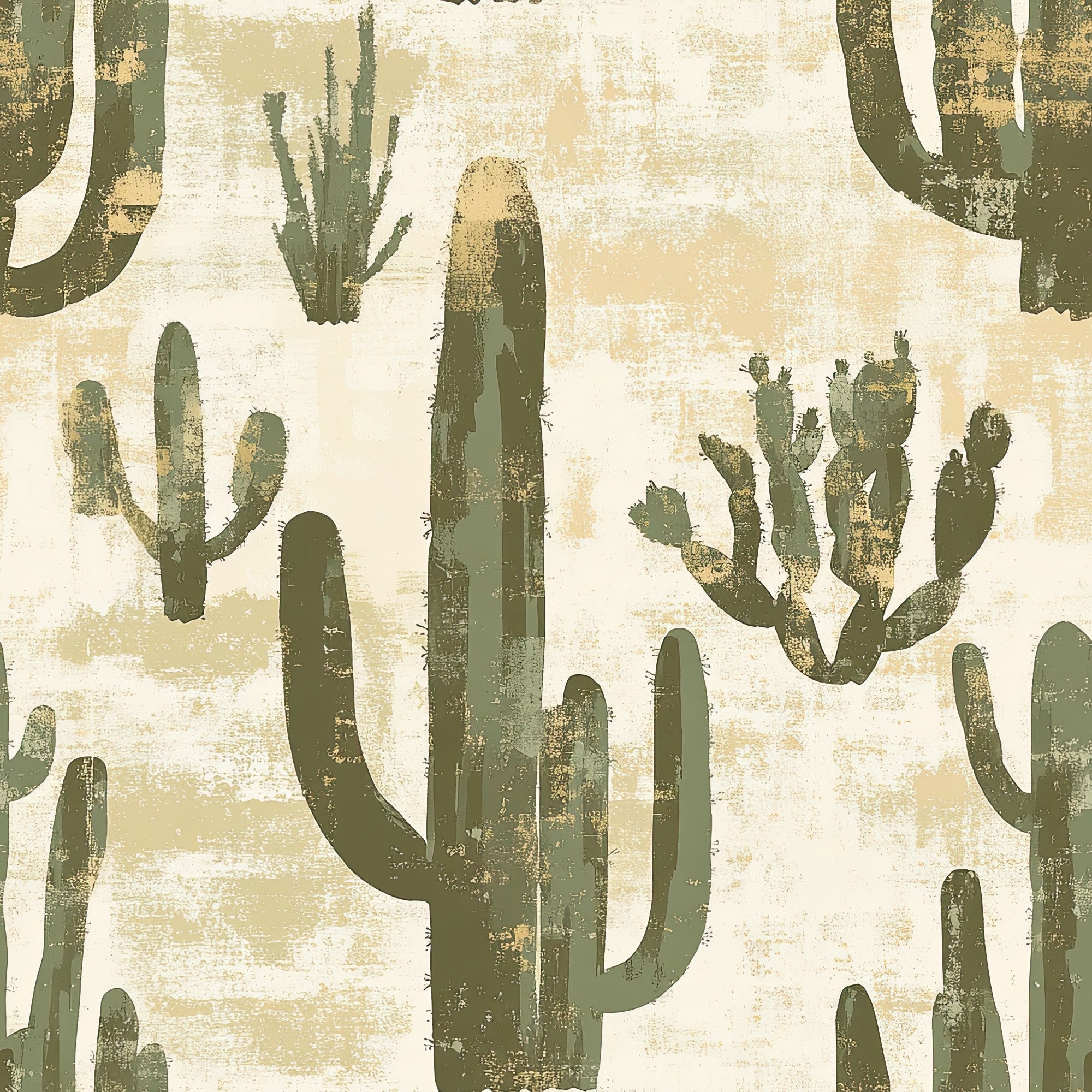 sage green, beige, cream, tan, cactus pattern, desert plants, saguaro cactus, prickly pear, western theme, southwestern design, botanical print, distressed texture, vintage style,, fabric panel, desert landscape, rustic appearance, muted tones, succulent motifs
