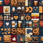 navy blue, cream, gold, brown, red, heart, pretzel, beer mug, bavarian, german, beer, bread, bakery, food, vintage, rustic, traditional, folk art, cultural, european, geometric squares, patchwork, quilt-like, cozy, warm, comfort, kitchen, cottage core, traditional decor, hospitality