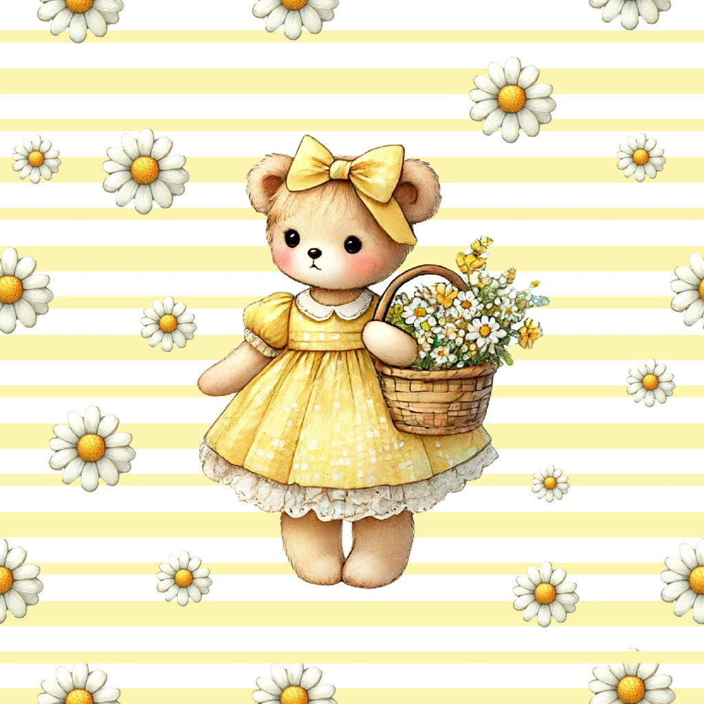 yellow, white, brown, teddy bear, daisy flowers, polka dots, stripes, bow, basket, cute character, whimsical, feminine, spring theme,, fabric panel, floral pattern, children's fabric, nursery design, pastel colors, sweet illustration