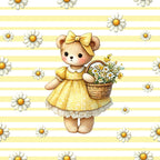 yellow, white, brown, teddy bear, daisy flowers, polka dots, stripes, bow, basket, cute character, whimsical, feminine, spring theme,, fabric panel, floral pattern, children's fabric, nursery design, pastel colors, sweet illustration