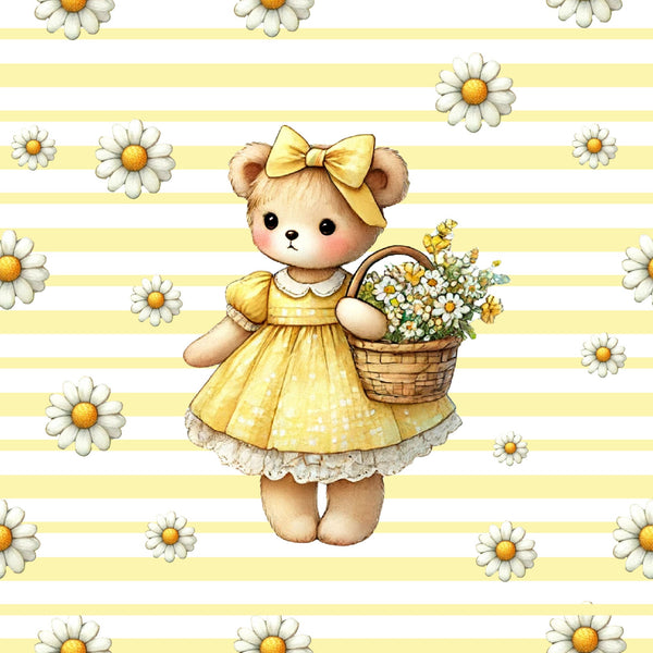 yellow, white, brown, teddy bear, daisy flowers, polka dots, stripes, bow, basket, cute character, whimsical, feminine, spring theme,, fabric panel, floral pattern, children's fabric, nursery design, pastel colors, sweet illustration