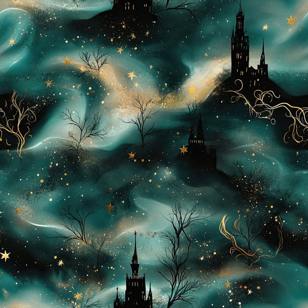 teal, gold, cream, celestial, stars, night sky, castles, towers, magical, fantasy, whimsical, enchanted, fairytale, gothic, dark academia, bare trees, sparkles, glowing, mystical, dreamy, storybook, winter, twilight, elegant, moody, starry night, wizard towers, spellbound, wonderland