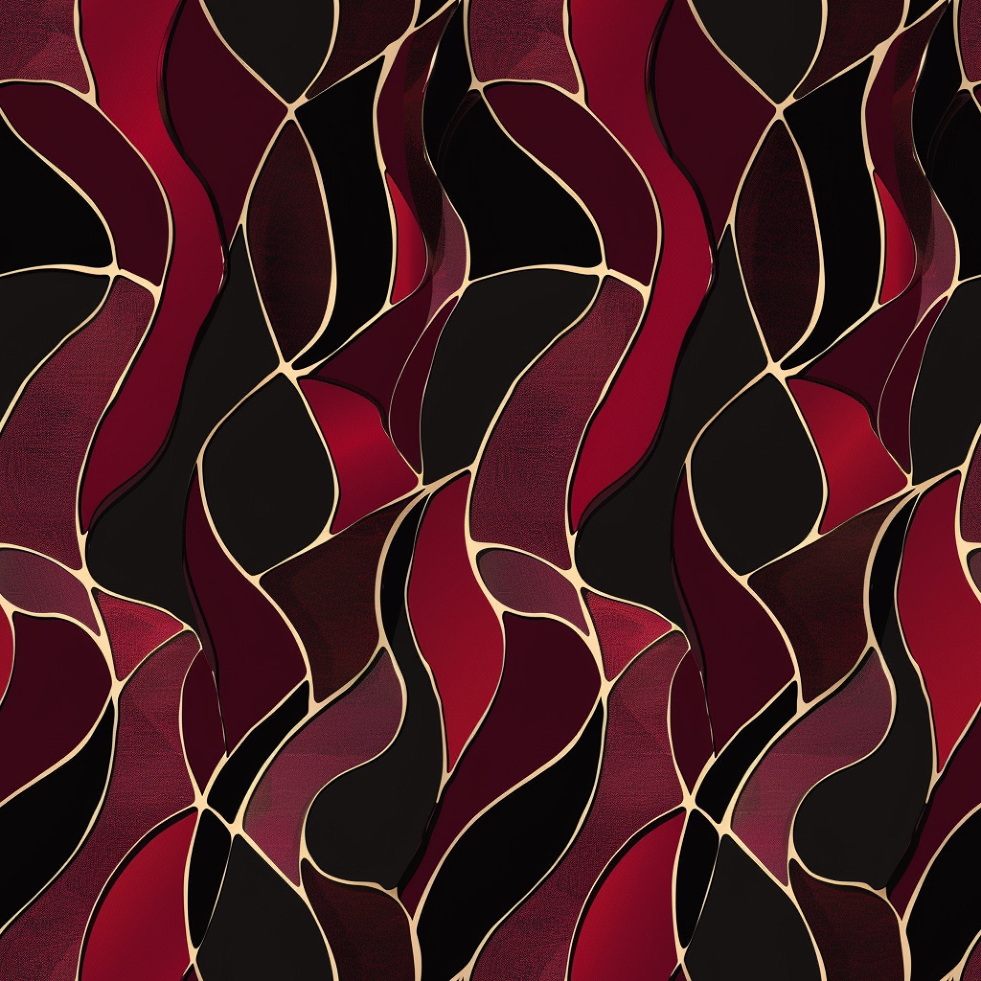 burgundy, deep red, black, gold accents, abstract pattern, flowing curves, organic shapes, wavy lines, modern design, contemporary art,, fabric panel, geometric elements, rich colors, artistic motif, curved lines, overlapping shapes, sophisticated pattern, fluid design, decorative fabric