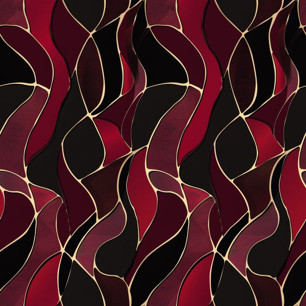 burgundy, deep red, black, gold accents, abstract pattern, flowing curves, organic shapes, wavy lines, modern design, contemporary art,, fabric panel, geometric elements, rich colors, artistic motif, curved lines, overlapping shapes, sophisticated pattern, fluid design, decorative fabric