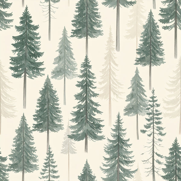 forest green, sage green, cream, beige, evergreen, conifer trees, pine trees, spruce trees, woodland, nature, forest, trees, rustic, cabin, lodge, modern, minimalist, winter, cool tones, neutral palette, nature lover, outdoor themed, camping, hiking, mountain lodge, watercolor style, hand painted, detailed botanical, peaceful, serene