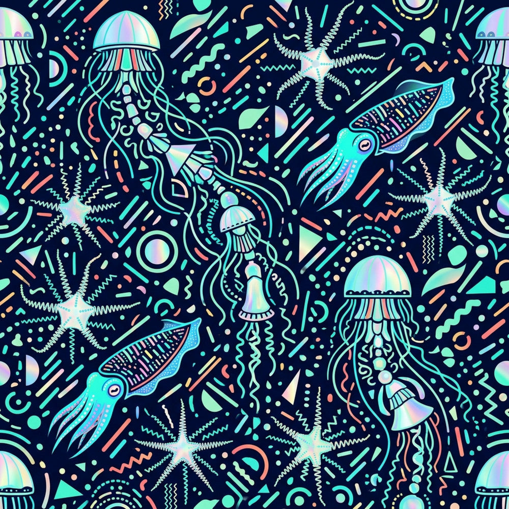 navy blue background, neon cyan, coral pink, pastel mint green, iridescent holographic, jellyfish, squid, starfish, ocean creatures, sea life, nautical, bioluminescent, neon glow, geometric patterns, abstract, modern, whimsical, psychedelic, contemporary, wavy lines, dots, circles, undersea theme, deep sea, marine life, kids room, playroom, sci-fi inspired, futuristic