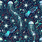 navy blue background, neon cyan, coral pink, pastel mint green, iridescent holographic, jellyfish, squid, starfish, ocean creatures, sea life, nautical, bioluminescent, neon glow, geometric patterns, abstract, modern, whimsical, psychedelic, contemporary, wavy lines, dots, circles, undersea theme, deep sea, marine life, kids room, playroom, sci-fi inspired, futuristic
